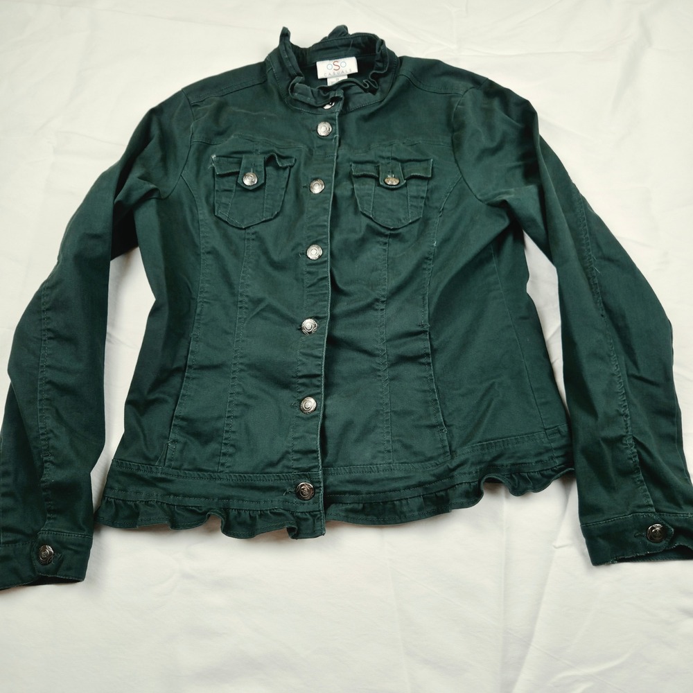 Oso Casuals Green Ruffle Trim Jacket  Button Front Utility 1X Fits Large